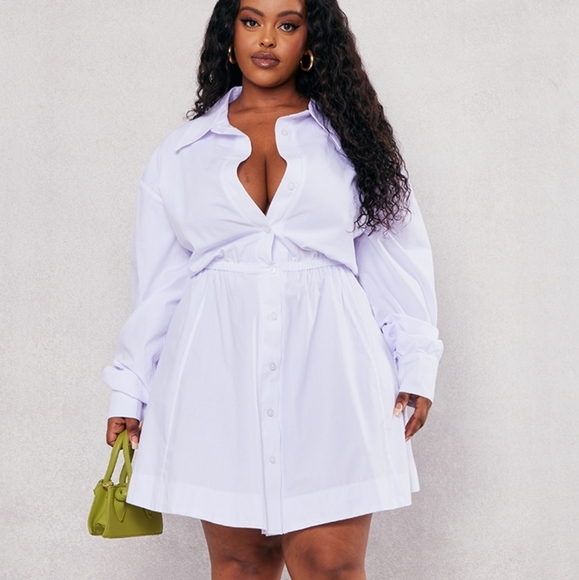 NWT PRETTY LITTLE THINGPlus White Ruched Waist Button Up Shirt Dress - Picture 4 of 10